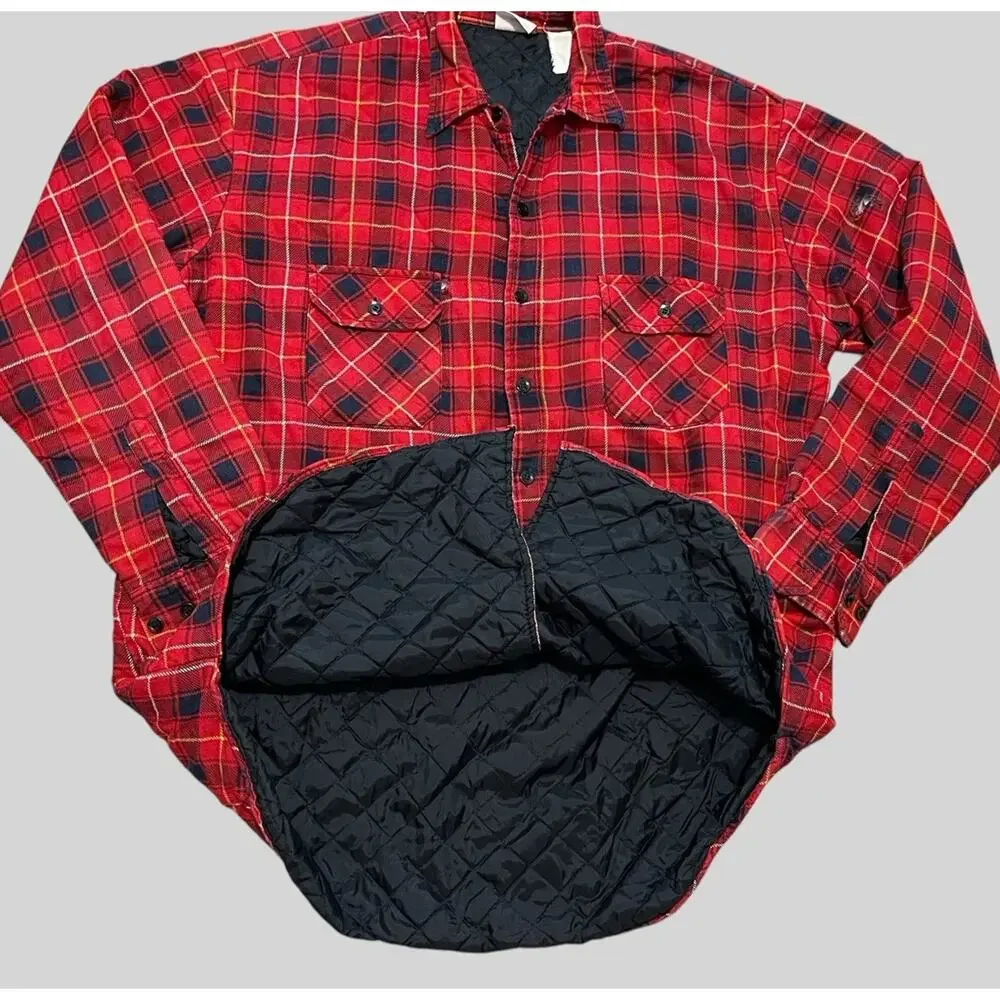 Vtg Sports Afield Men XL Quilted Red Flannel Shirt Jacket Distressed Thrashed